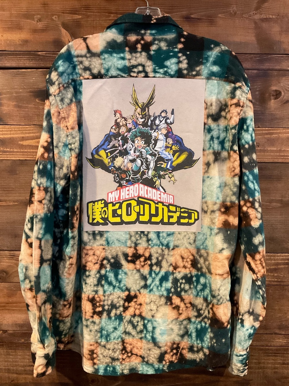 CUSTOM My Hero Academia Graphic Distressed Flannel Shirt - Teal & Tan Tie-Dye XL
